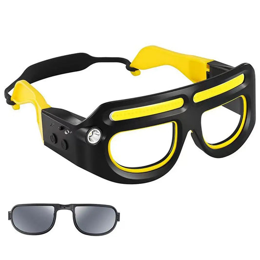 The glasses with the light built into the frame, and the clip-on shade lens below
