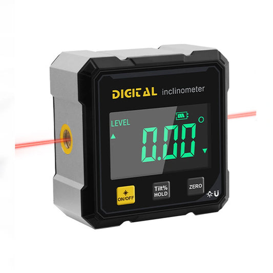 The digital angle finder reading 0.00 degrees, with a red laser line leaving each side