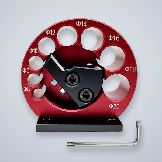 Dowel maker jig: a red aluminum wheel with eight holes, a rotating carbide cutter and a Torx key