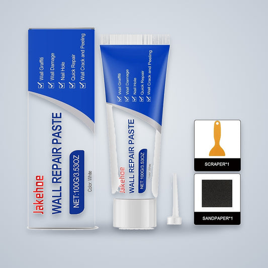 Wall repair paste kit on a light grey background: 100 g tube, fine nozzle, scraper and a square of sandpaper