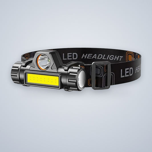 Rechargeable COB headlamp on its elastic strap, spot LED and COB flood strip