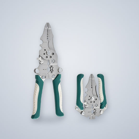 Folding wire stripper pliers shown open and folded