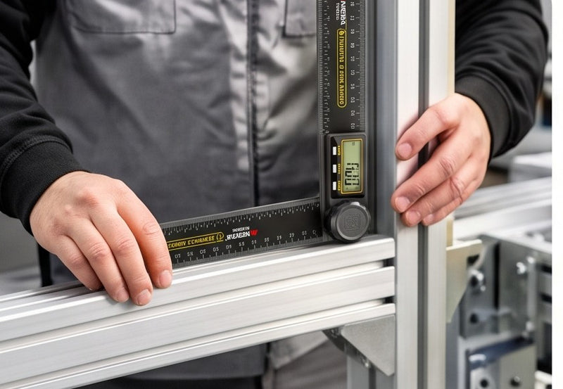 Checking an angle on an aluminum frame on a workbench