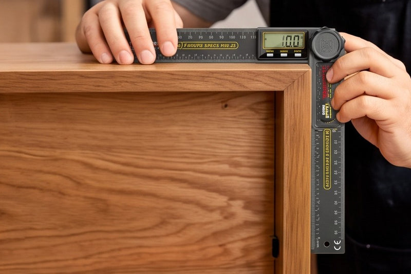 Measuring the corner of a hardwood cabinet with the ruler held against two faces