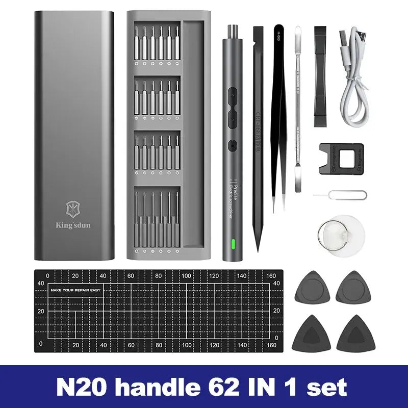 The 48-bit kit laid out: aluminum case, driver, tweezers, pry tools, picks, suction cup, magnetizer, mat and cable