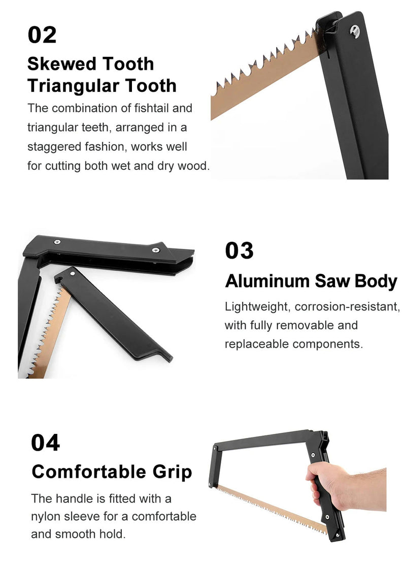 Close-ups of the teeth, the folding aluminum frame and a hand on the handle