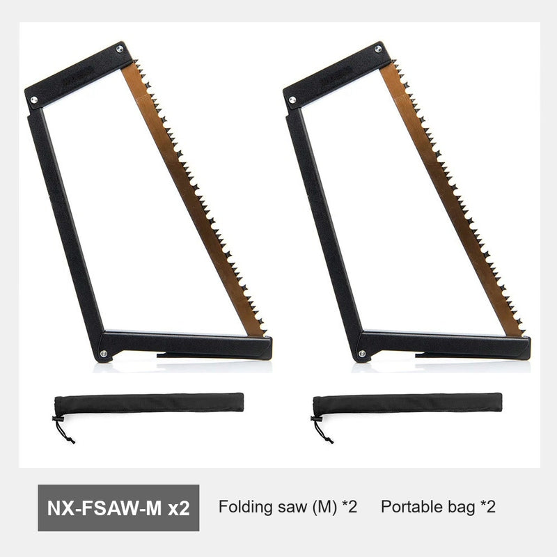 Two folding bow saws standing open, each with its storage pouch