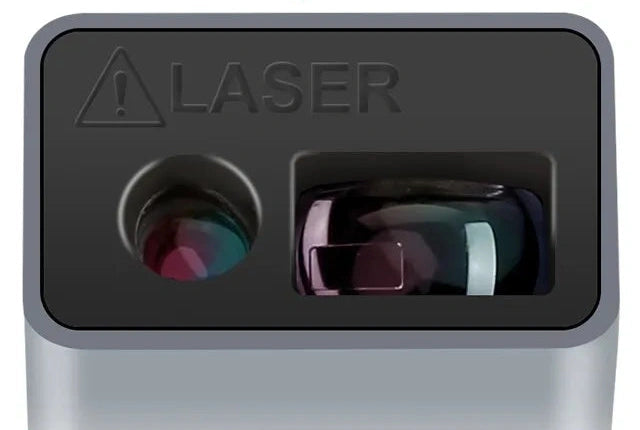 The business end of the laser measure: the black panel with its laser warning triangle, the emitter and the receiving window