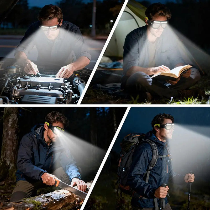 Four night scenes: an engine bay, reading in a tent, sawing a log and walking a trail