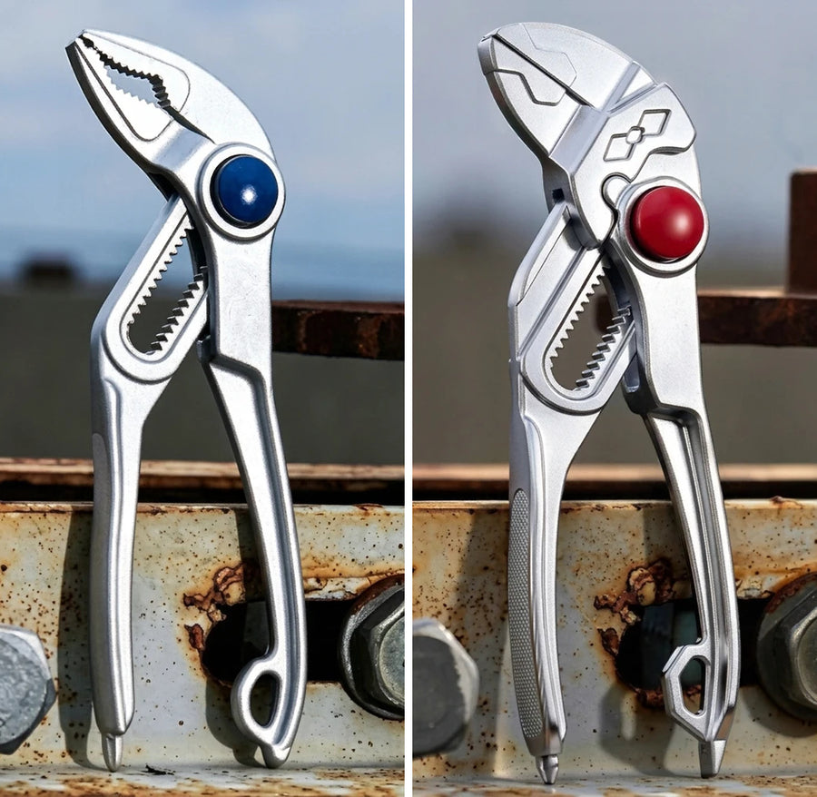 Two mini water pump pliers in silver standing side by side: toothed jaws with a blue push button on the left, smooth parallel jaws with a red push button on the right