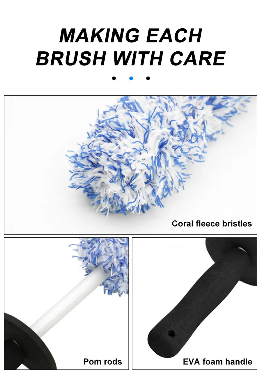 The brush's parts: coral fleece bristles, a plastic rod and a foam handle