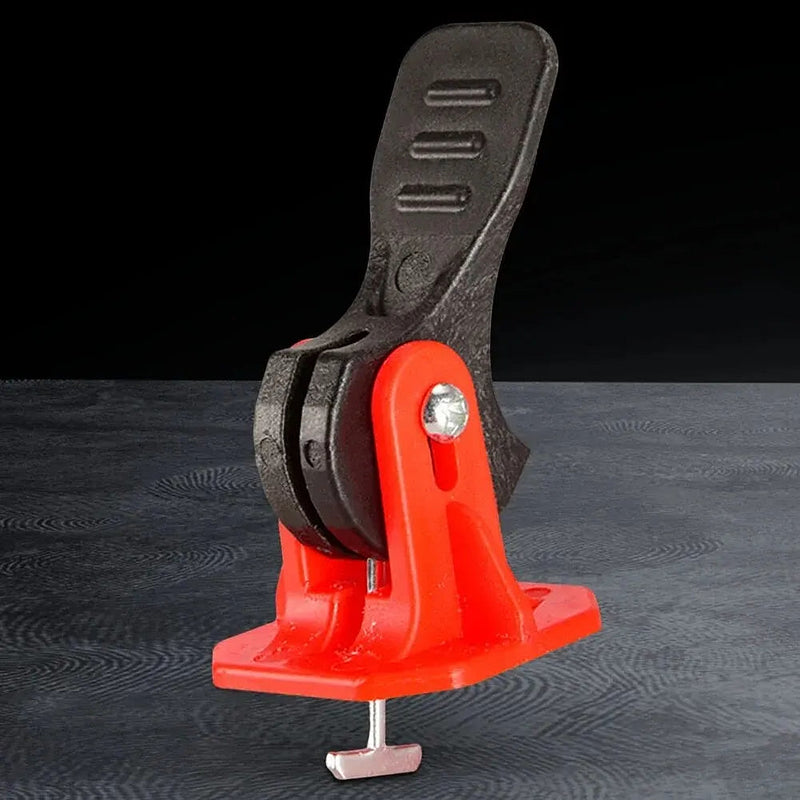 One tile leveler: red base and tower, black cam lever, steel screw and T-pin