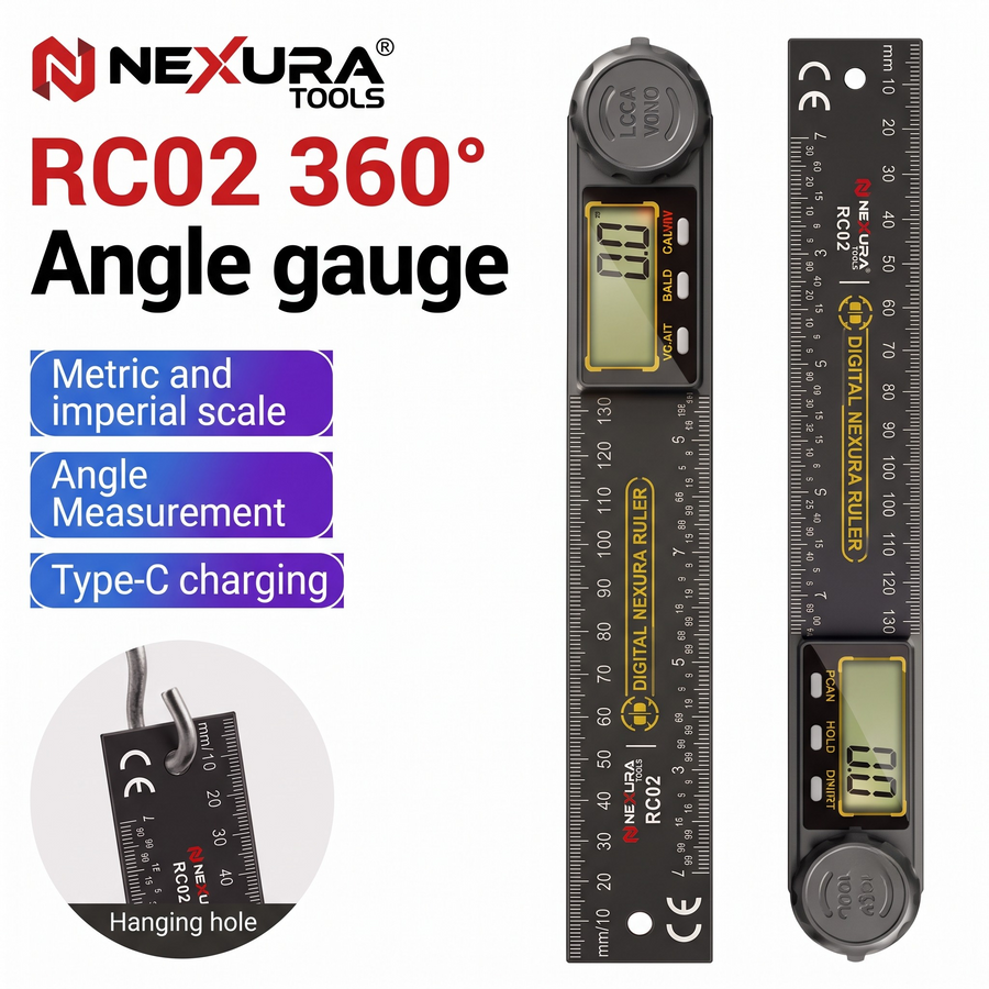 Front and back of the ruler folded shut, with the millimeter and inch scales, the display and the locking knob