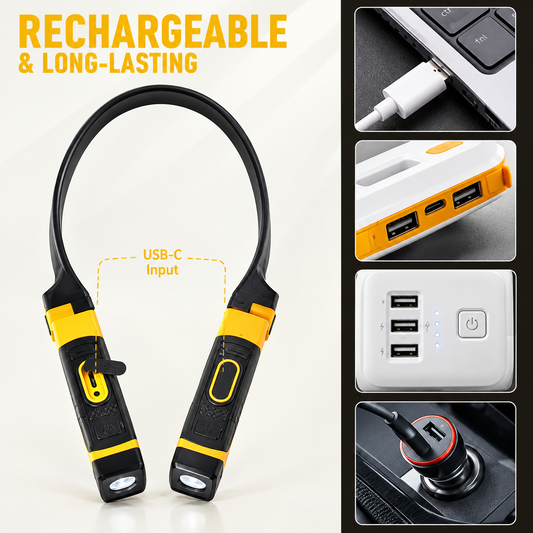 LED Neck Work Light — Two Pivoting Beams on a Collar, Hands Free and USB-C Rechargeable