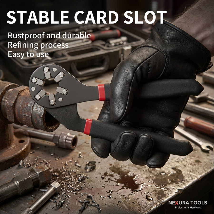 A gloved hand using the wrench on a rusted fitting at a workbench