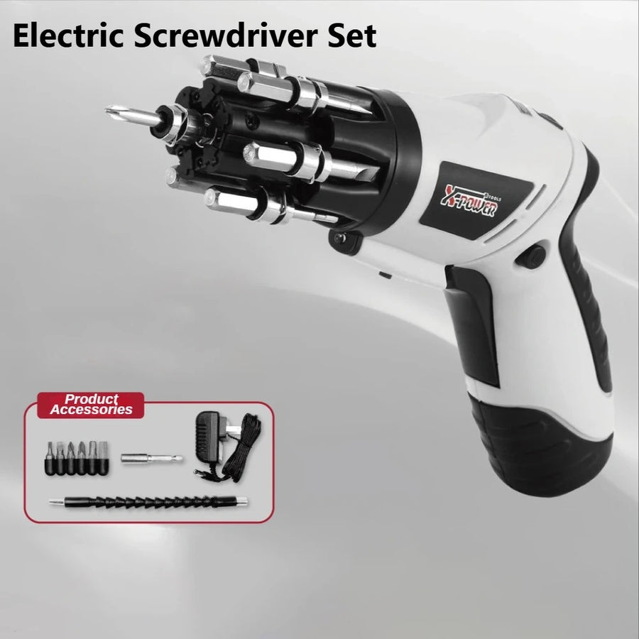 The screwdriver with six bits loaded in the rotating nose, beside the charger, bits, extension post and flexible shaft