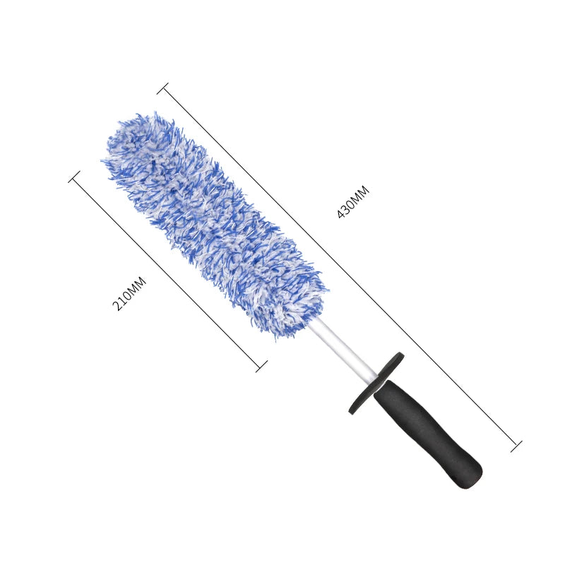 The blue and white wheel brush, drawn at 430 mm long with a 210 mm microfiber head