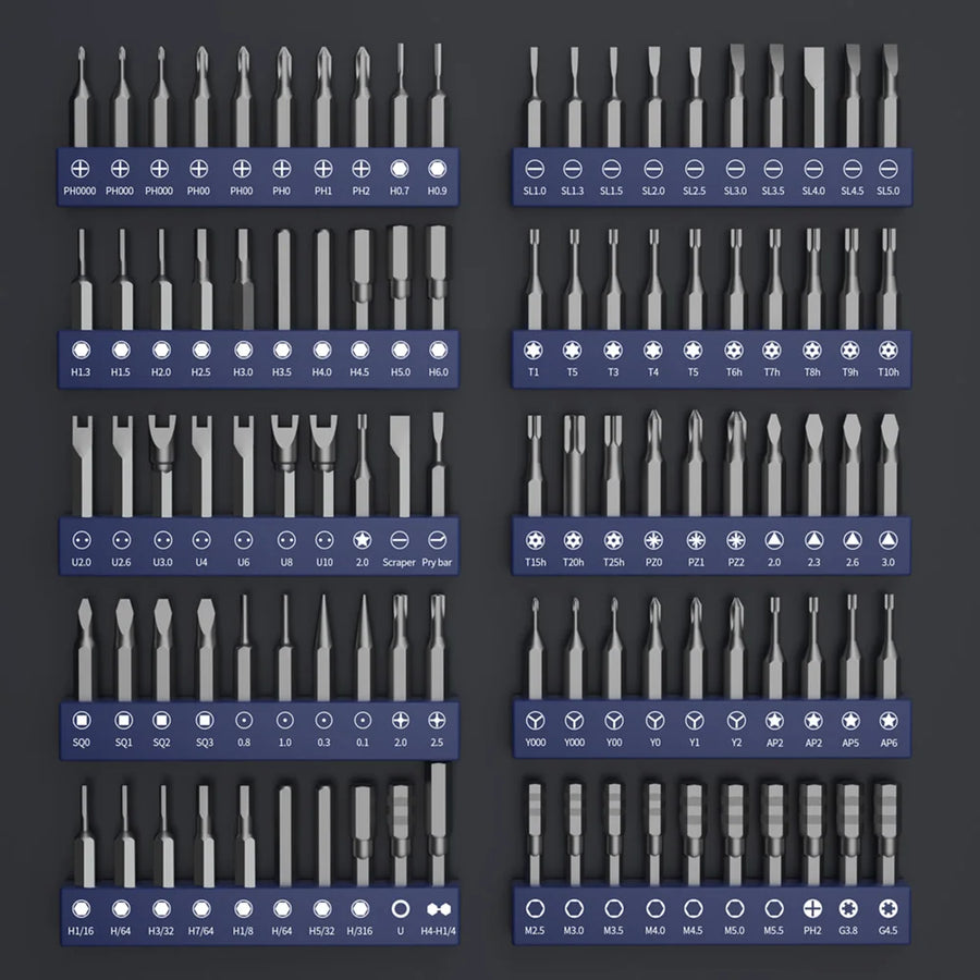 The 100 bits of the pouch kit in ten holders, each bit labeled by type and size