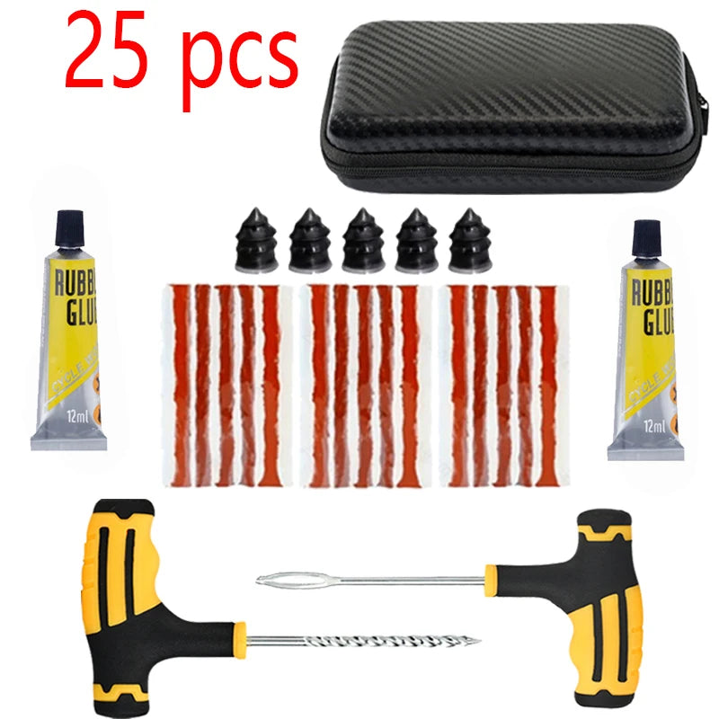 The 25-piece set: two T-handle tools, 15 strips, five screw-in plugs, two tubes of cement and the case