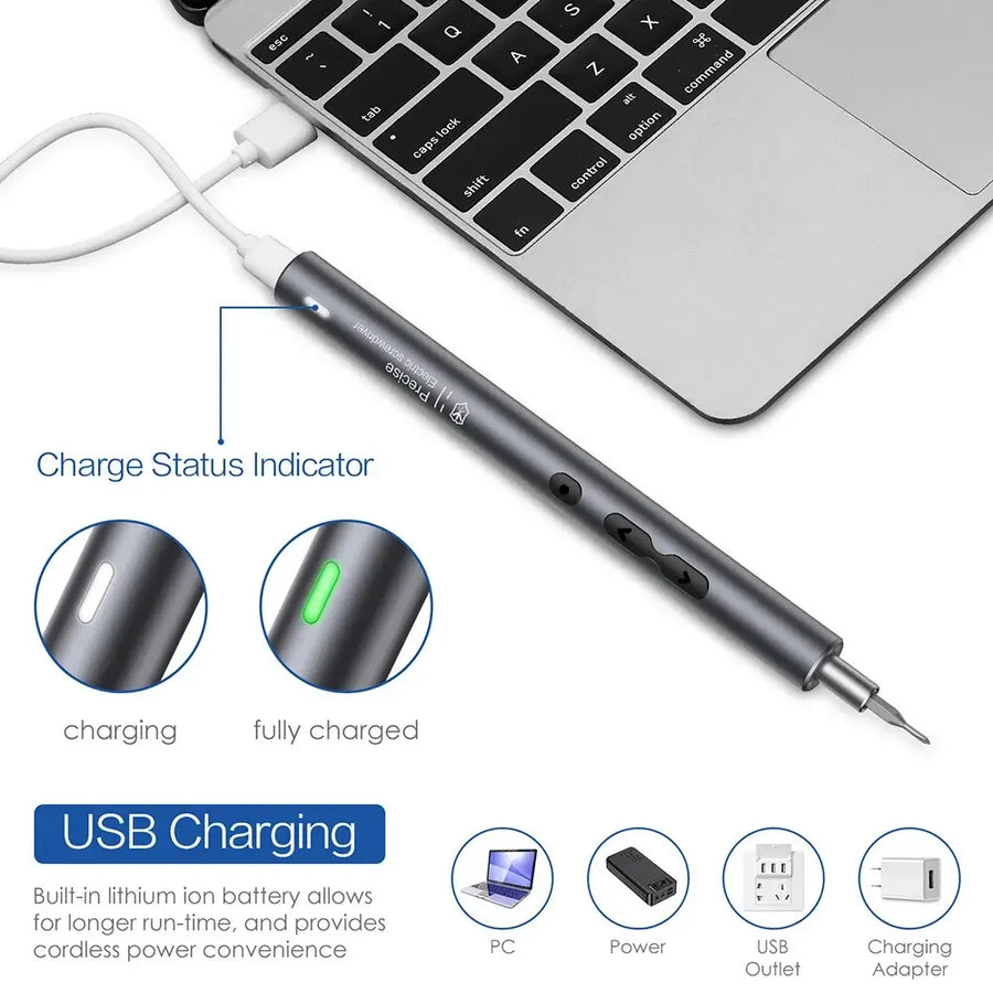 The charge light is white while charging and green when full; it charges from a laptop, power bank or USB wall adapter