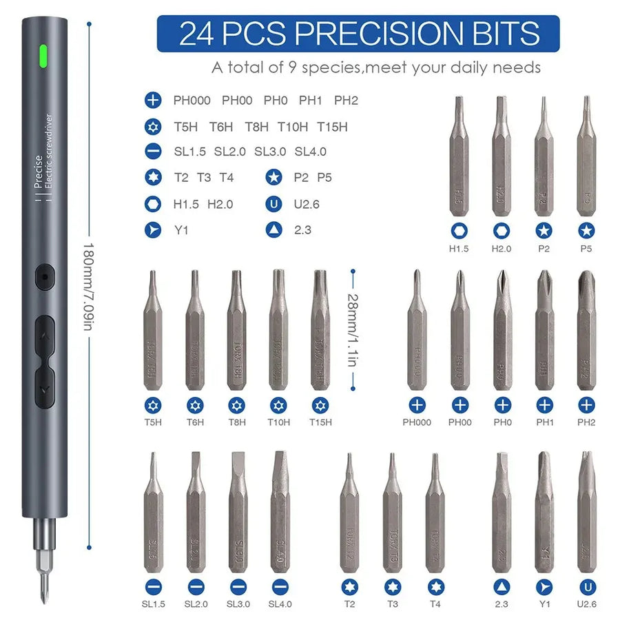 The 24 bits named by type and size, with the driver measured at 180 mm (7.09 in) and each bit at 28 mm (1.1 in)