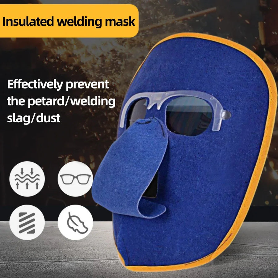 The leather face shield with its tinted goggles, and the icons the maker prints for sparks, slag and dust