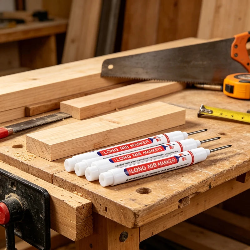 Long nib markers lying on wood offcuts on a workbench next to a hand saw