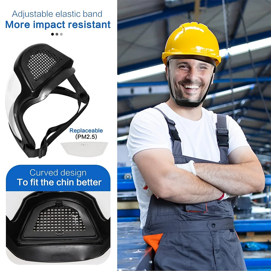 The elastic strap and the curved chin guard, and the shield worn on site