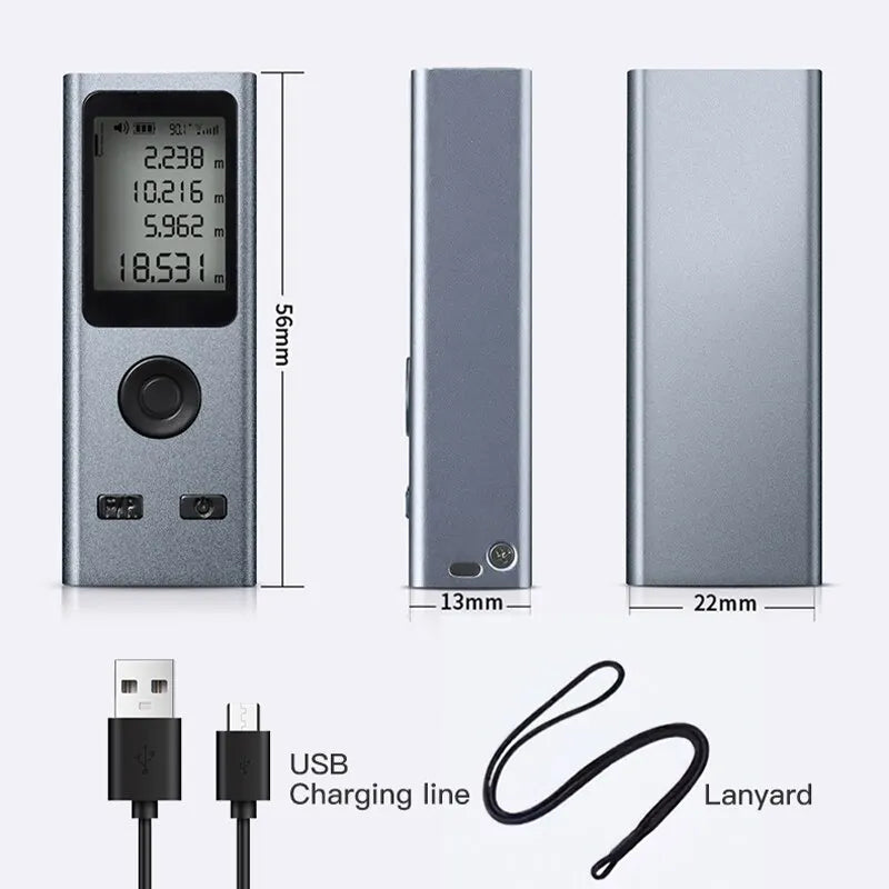 Measured outline: 56 mm long, 22 mm wide, 13 mm thick, with the USB charging cable and lanyard