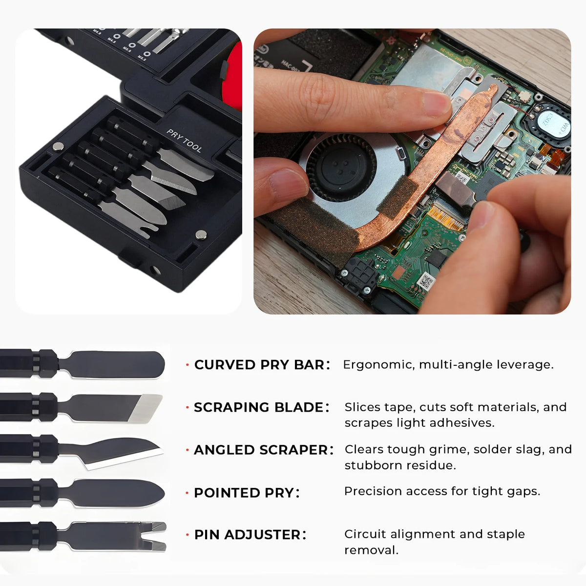 The five metal pry tools: curved pry bar, scraping blade, angled scraper, pointed pry and pin adjuster