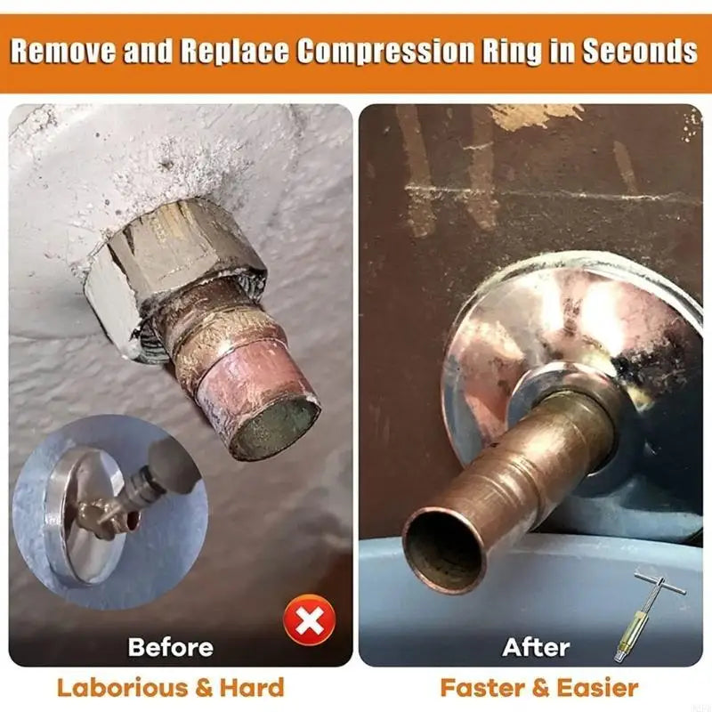 Before and after: a corroded compression ring removed without cutting the pipe