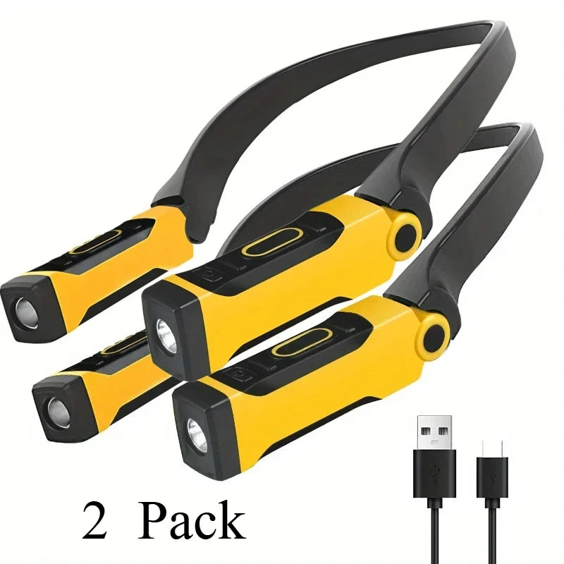 Two neck lights, shown with a charging cable