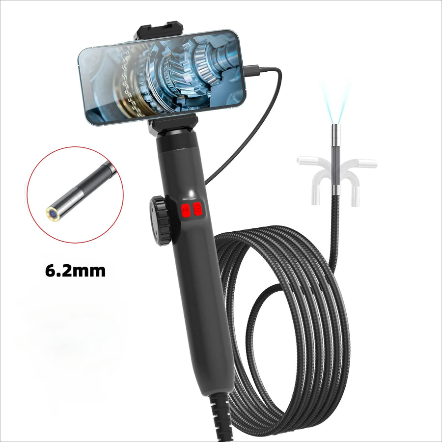 The 6.2 mm borescope with a phone clamped to the handle and the 1 m probe coiled beside it