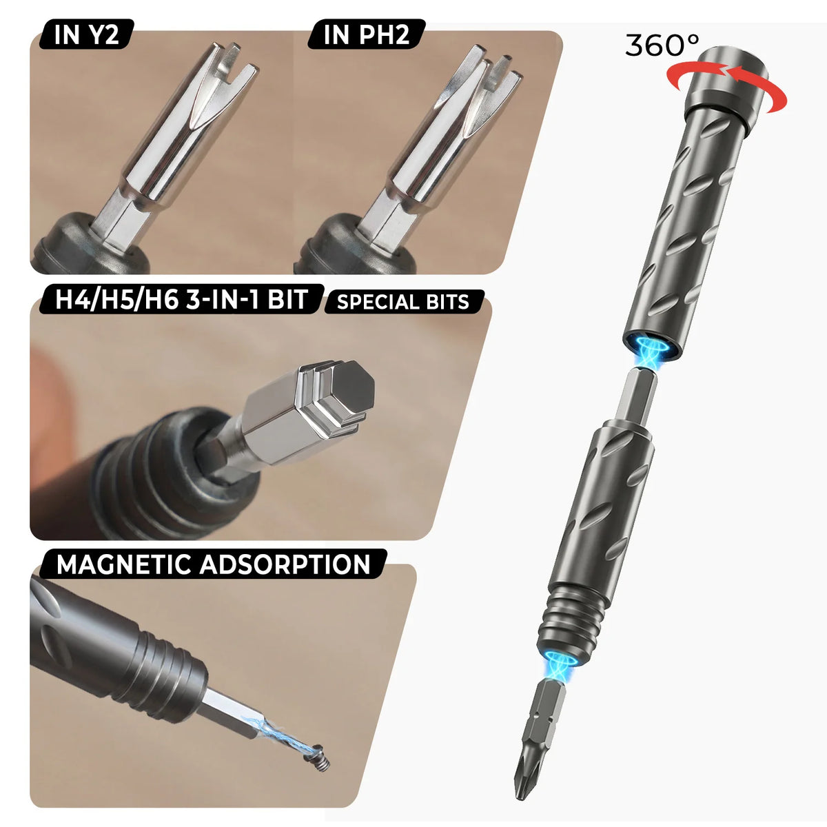 Special bits and the magnetic handle with its 360-degree swivel cap