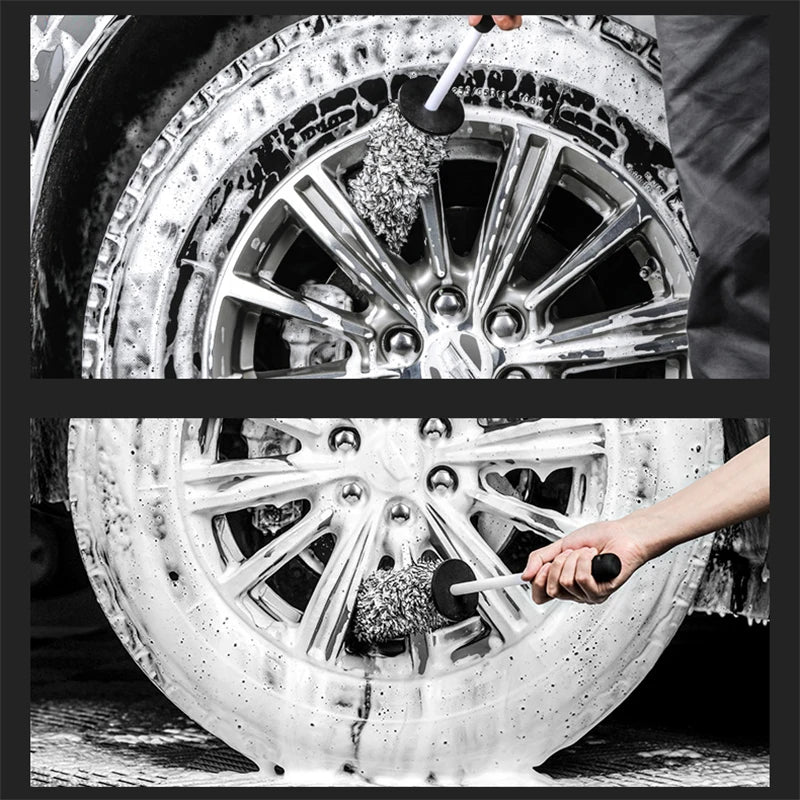 The microfiber wheel brush pushed between the spokes of an alloy wheel, cleaning the barrel of the rim