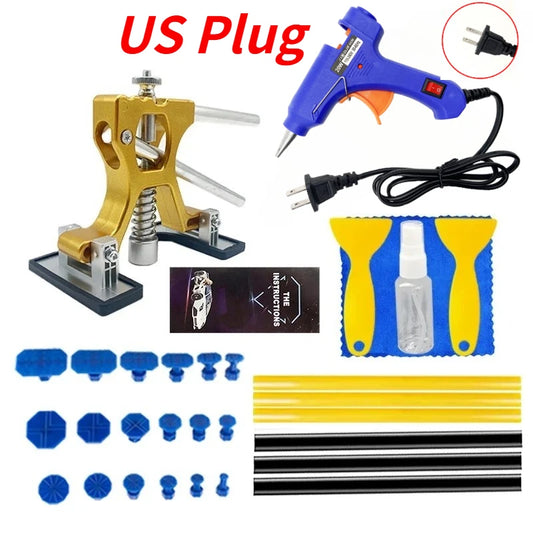 The 31-piece kit: bridge lifter, US-plug glue gun, tabs, glue sticks, spray bottle and scrapers