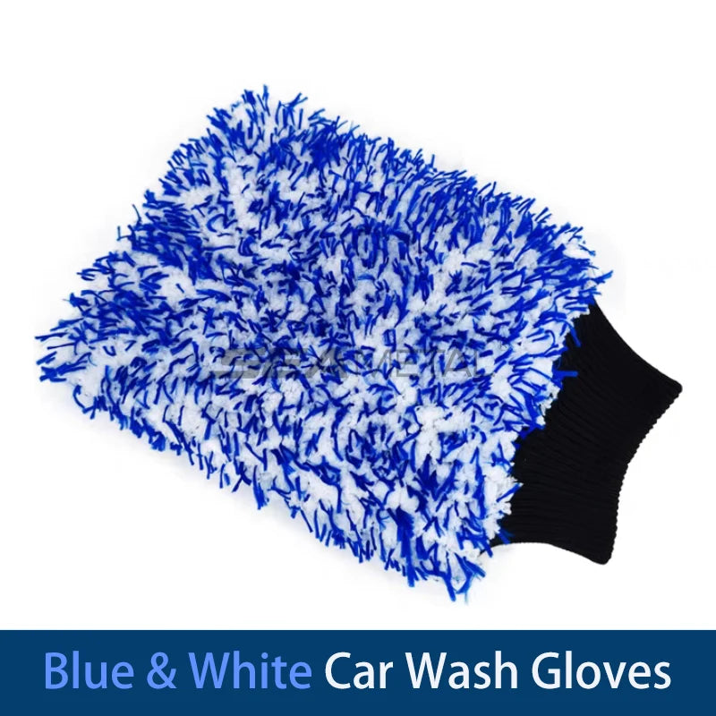 The blue and white microfiber wash mitt with its black elastic cuff