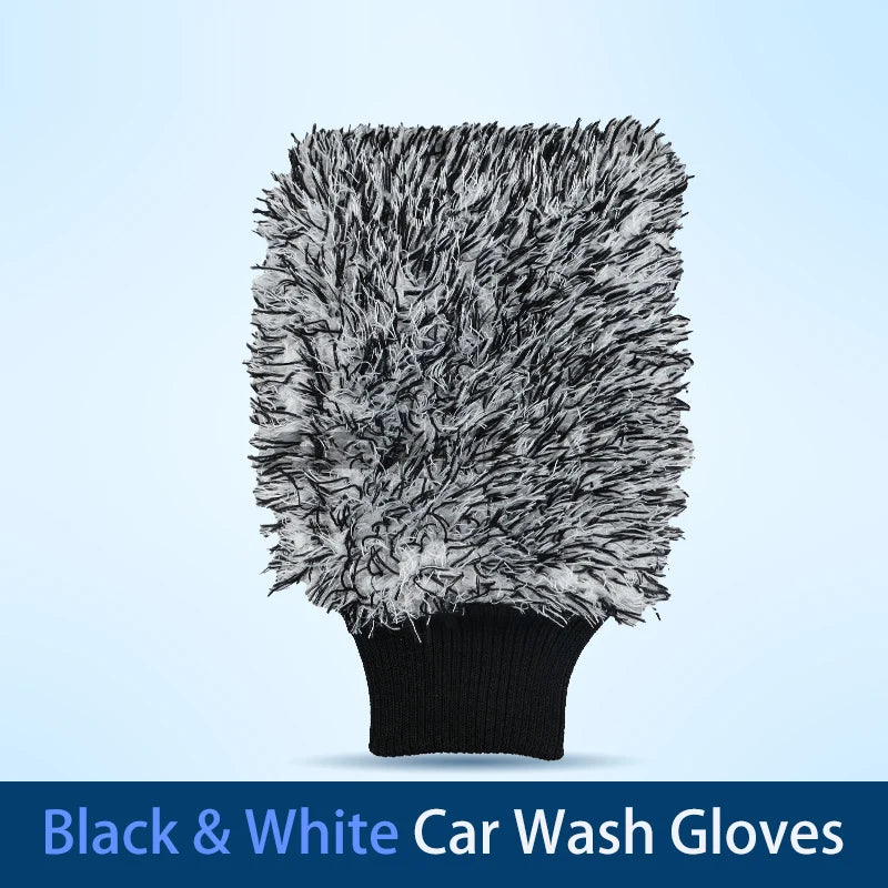 The black and white microfiber wash mitt with its black elastic cuff