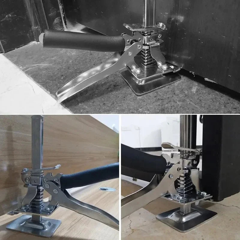 The lifter in use on a stone countertop, under a floorboard and against a skirting board