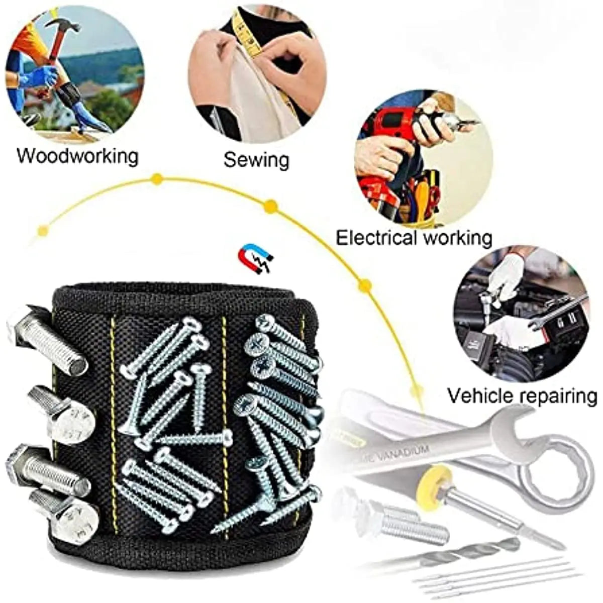 Magnetic Wristband Tool Holder — 15 Strong Magnets for Screws, Nails & Drill Bits