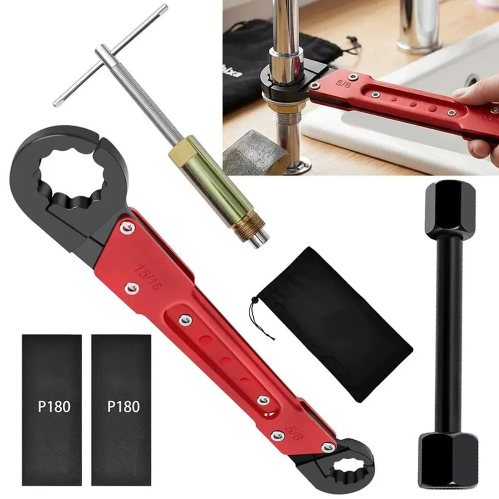 The kit with the angle-on wrench in use on a faucet shank under a sink