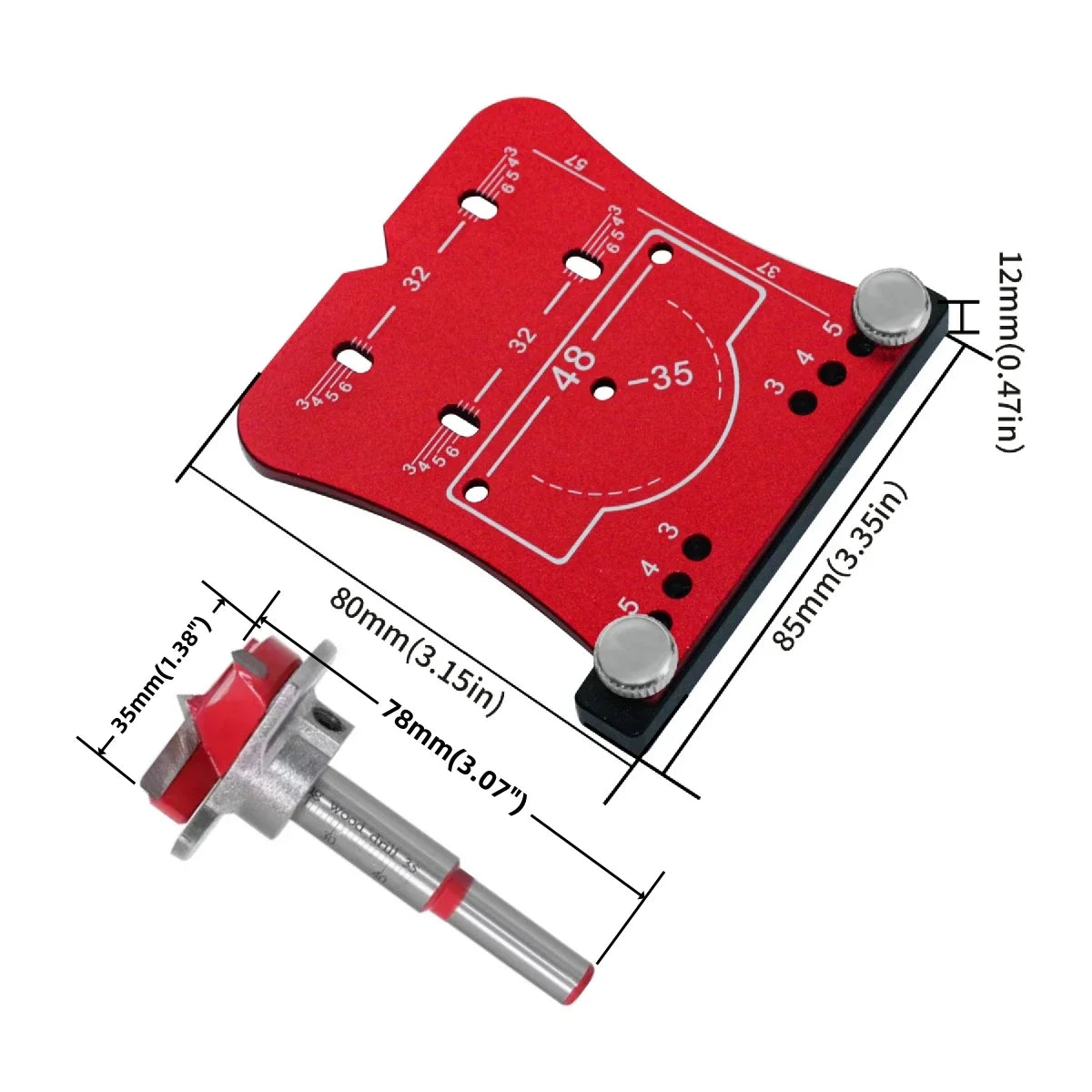 Sizes: the plate is 80 by 85 mm and 12 mm thick; the bit cuts 35 mm and is 78 mm long