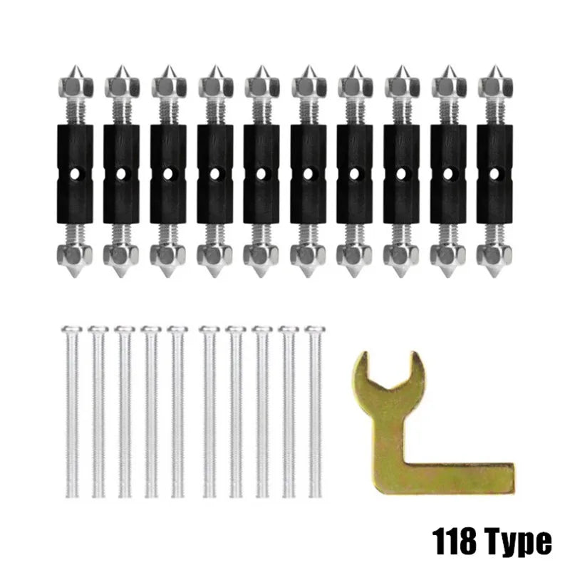 The maker's own 118-type pack photo: 10 rods, 10 screws, 1 spanner