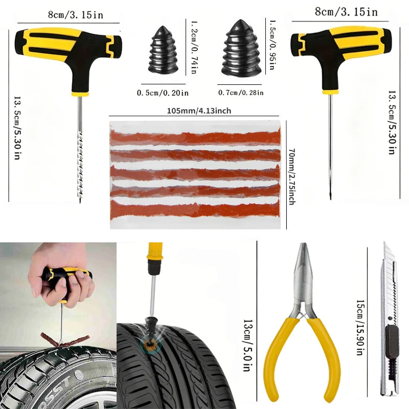 Sizes: T-handle tools 13.5 cm long, strips 105 mm, plugs 1.2 and 1.5 cm, pliers 13 cm, knife 15 cm
