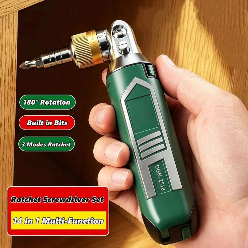 Hand holding the screwdriver inside a cabinet, head bent to a right angle with a Phillips bit fitted