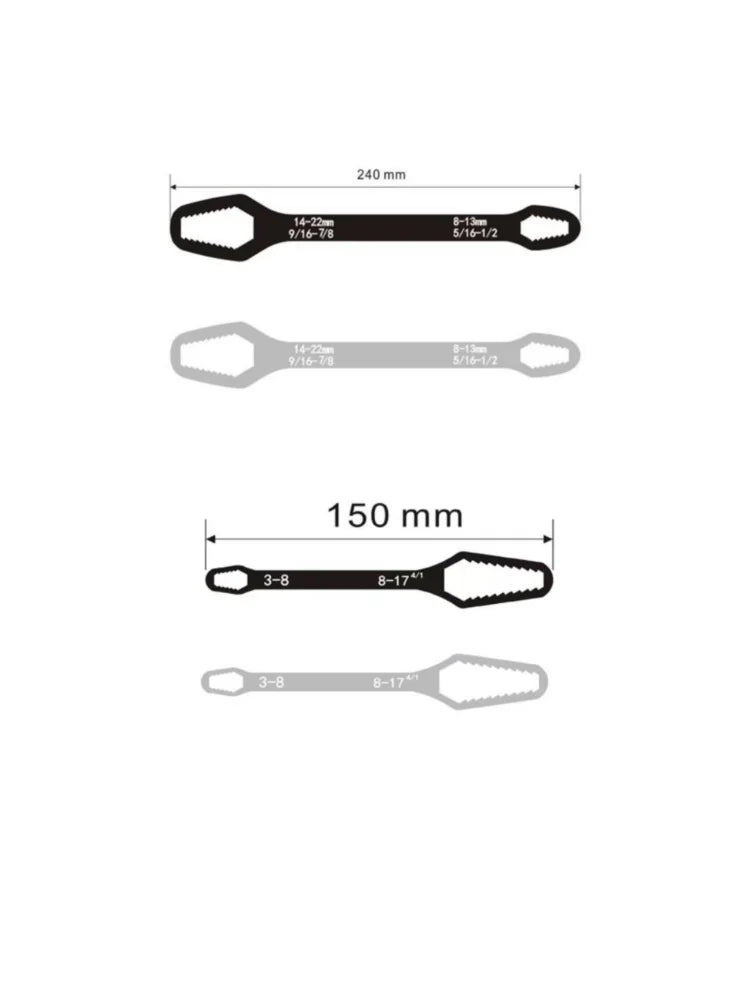 Universal Self-Tightening Wrench Set — Two Double-Ended Spanners, 3–22 mm Jaws