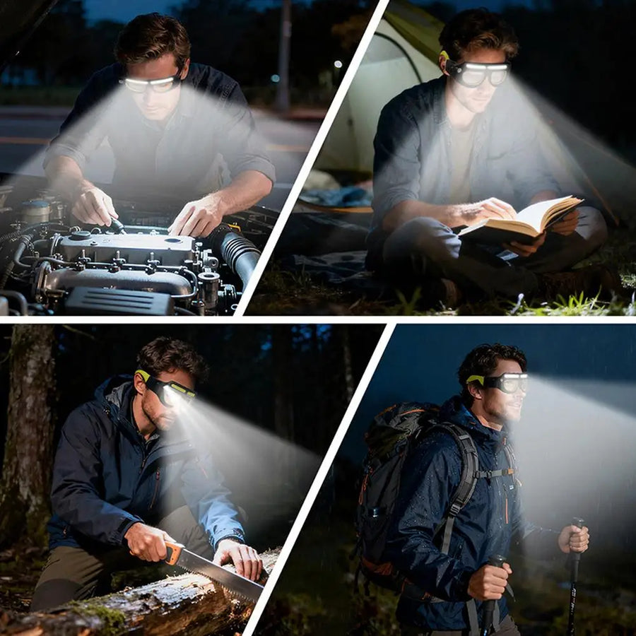 Four night scenes: engine bay, reading, camp cooking and hiking