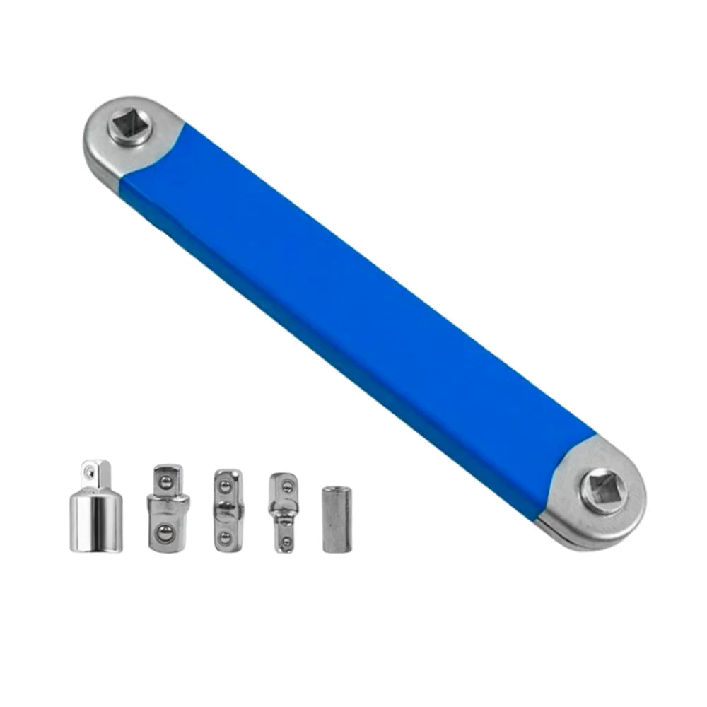 The extension wrench and its five drive adapters on a white background
