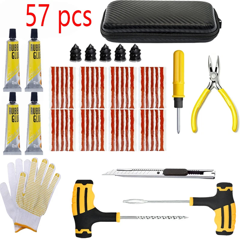 The 57-piece set: 40 strips, five plugs, four tubes of cement, gloves, pliers, awl, knife and case