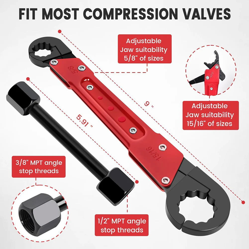 Jaw sizes and lengths: the wrench is 9 in, the socket bar 5.91 in